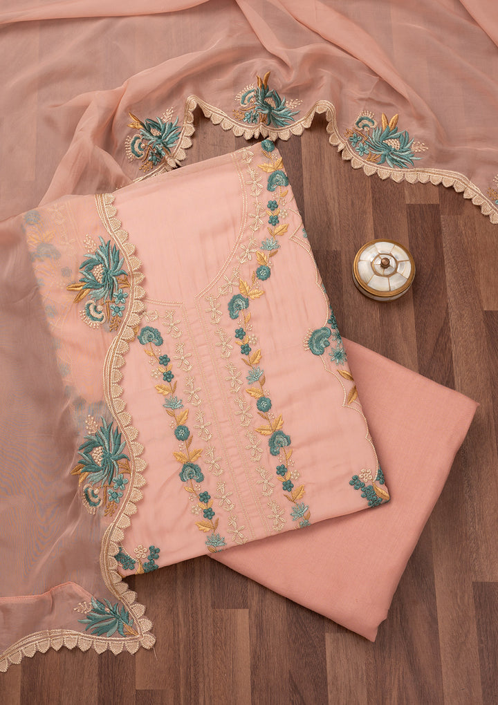 Baby Pink Threadwork Tissue Unstitched Salwar Suit
