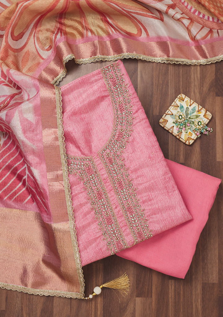 Baby Pink Zariwork Art Silk Unstitched Salwar Suit