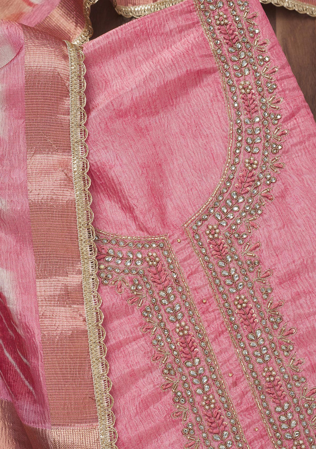 Baby Pink Zariwork Art Silk Unstitched Salwar Suit