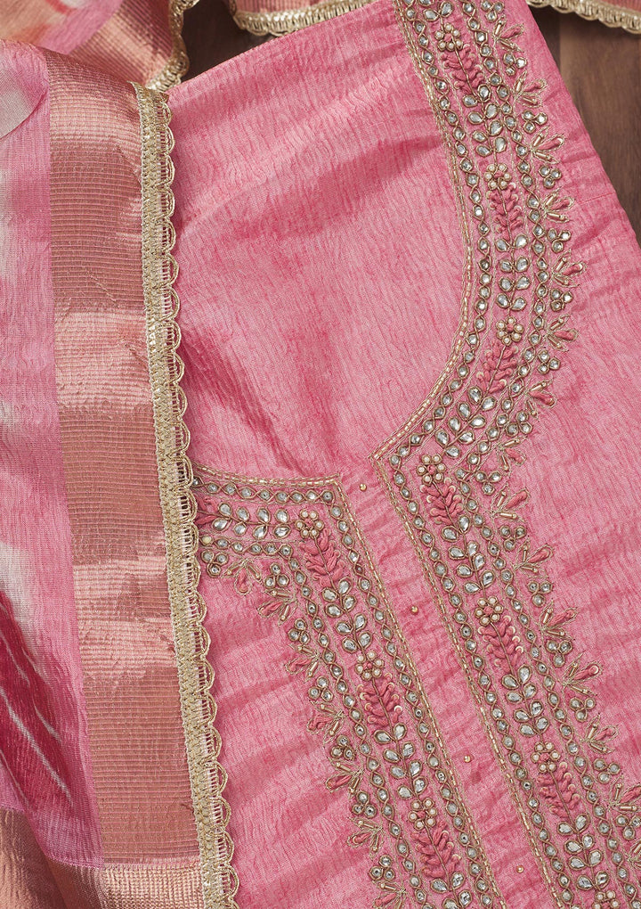 Baby Pink Zariwork Art Silk Unstitched Salwar Suit