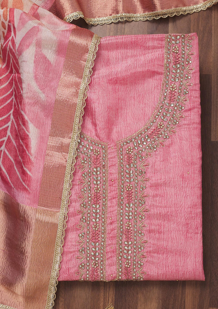 Baby Pink Zariwork Art Silk Unstitched Salwar Suit