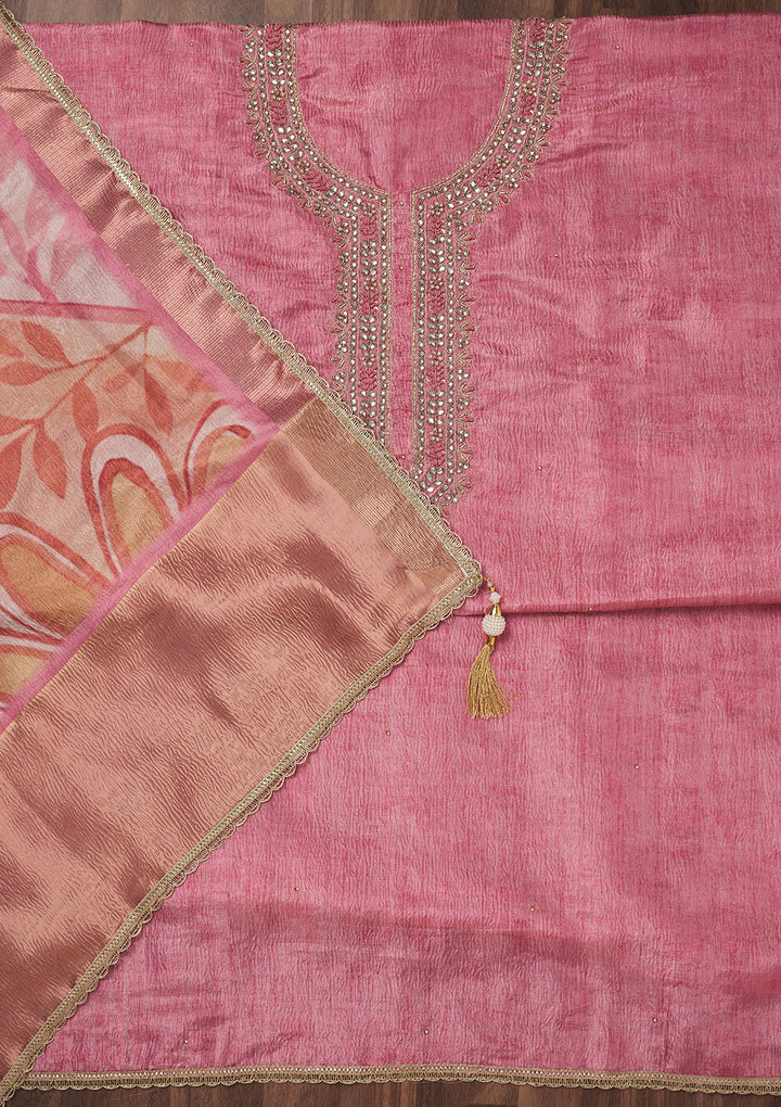 Baby Pink Zariwork Art Silk Unstitched Salwar Suit