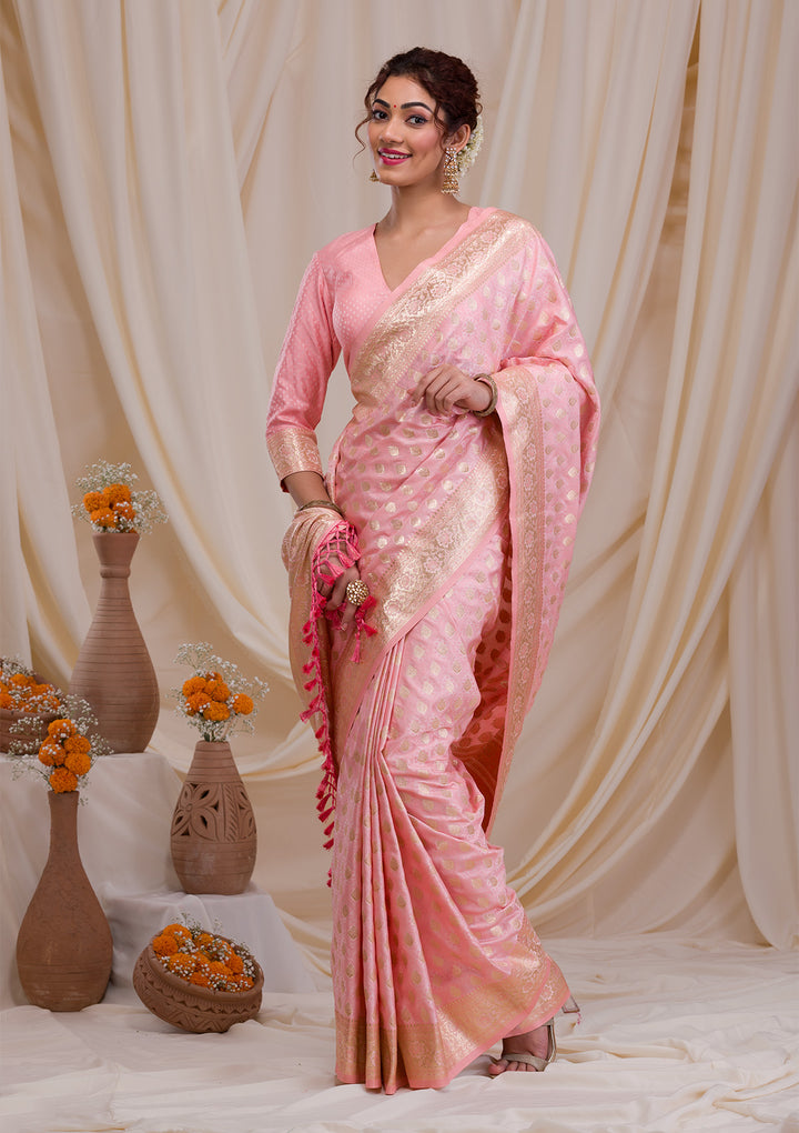 Baby Pink Zariwork Art Silk Saree-Koskii