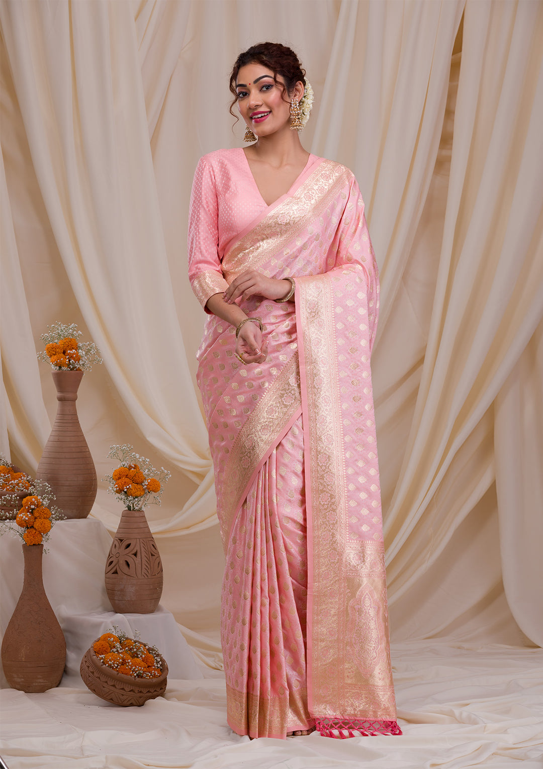 Baby Pink Zariwork Silk Saree