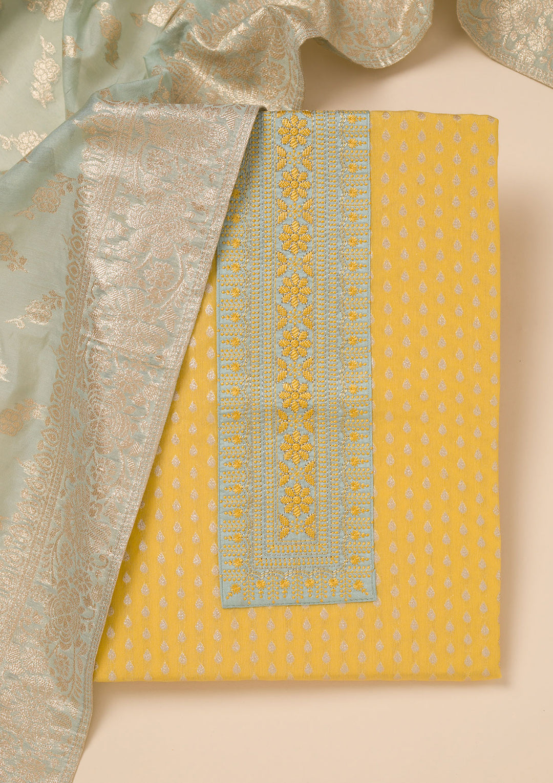 Yellow Zariwork Banarasi Unstitched Salwar Suit