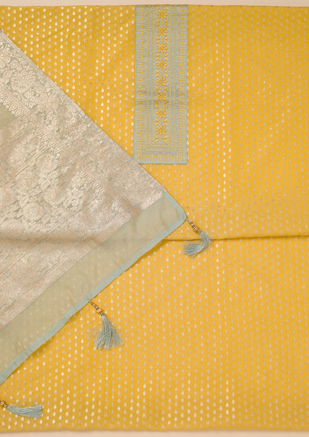 Yellow Zariwork Banarasi Unstitched Salwar Suit