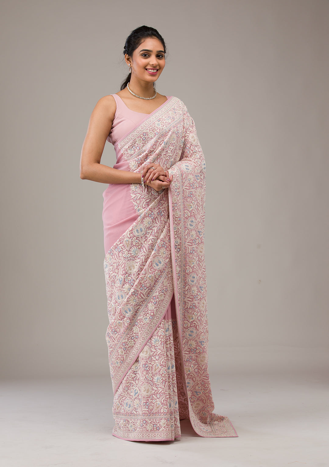 Baby Pink Zariwork Georgette Saree