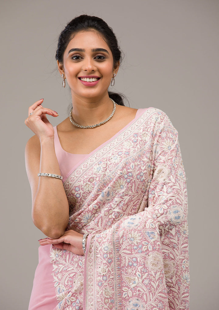 Baby Pink Zariwork Georgette Saree