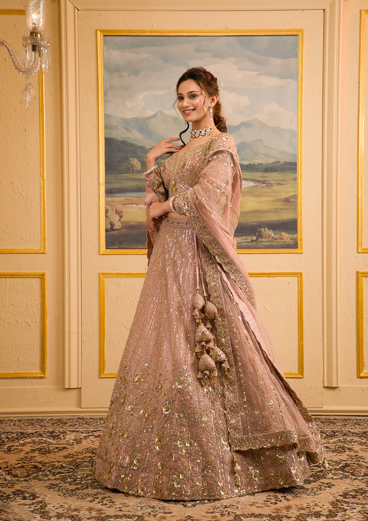 Baby Pink Zariwork Net Readymade Lehenga