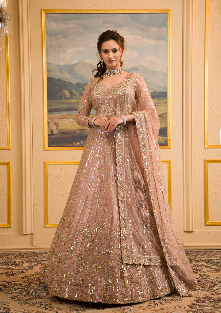 Baby Pink Zariwork Net Readymade Lehenga