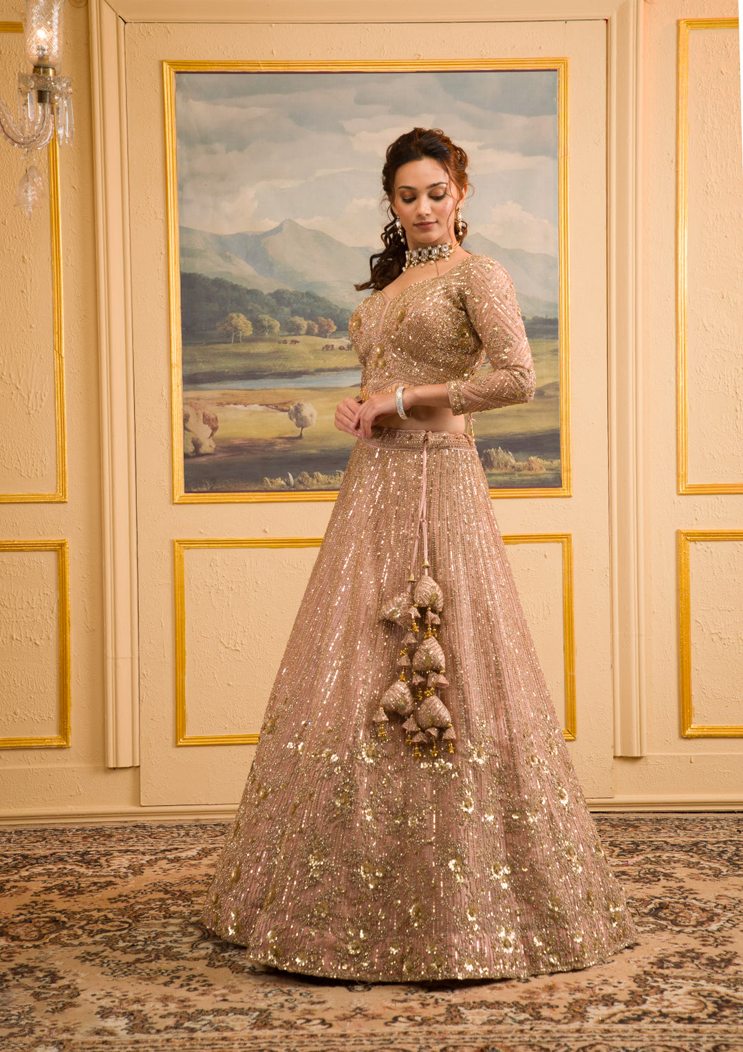 Baby Pink Zariwork Net Readymade Lehenga
