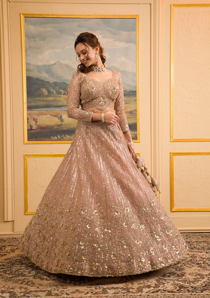 Baby Pink Zariwork Net Readymade Lehenga