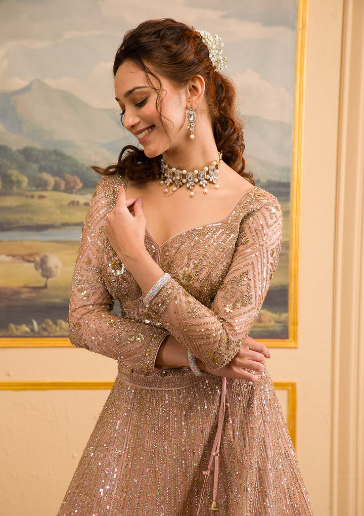 Baby Pink Zariwork Net Readymade Lehenga