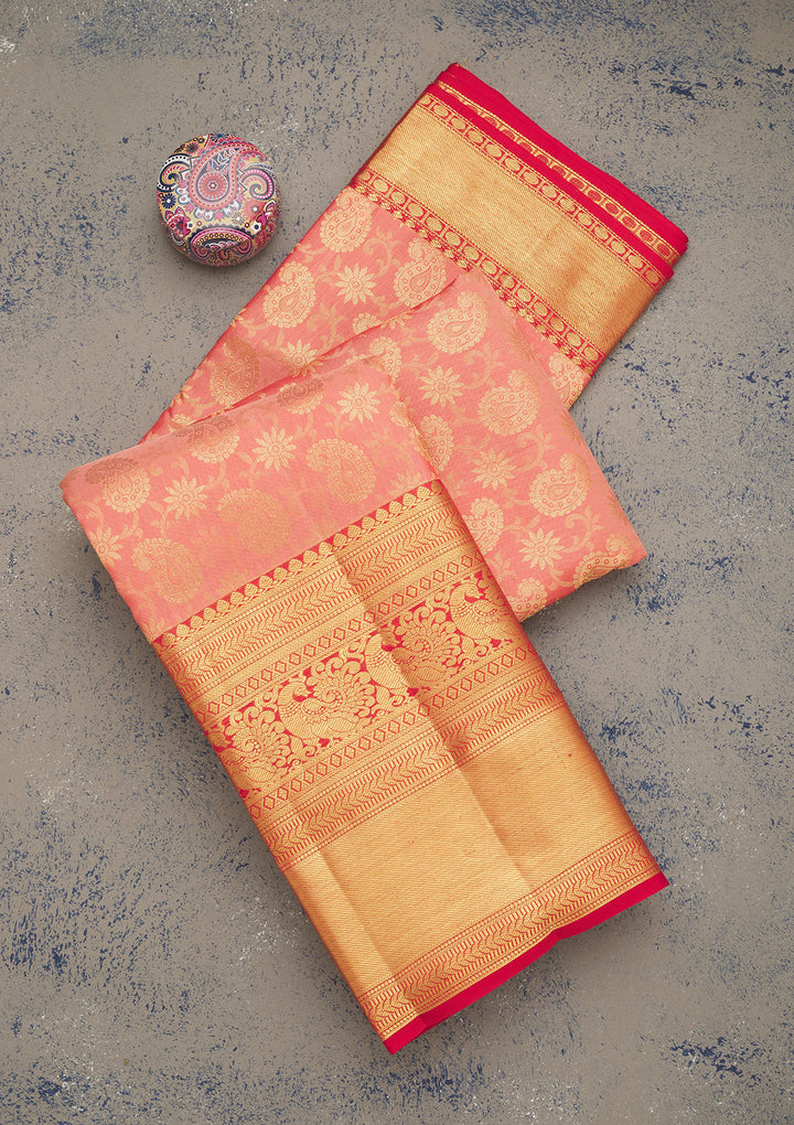 Peach Zariwork Pure Silk Saree