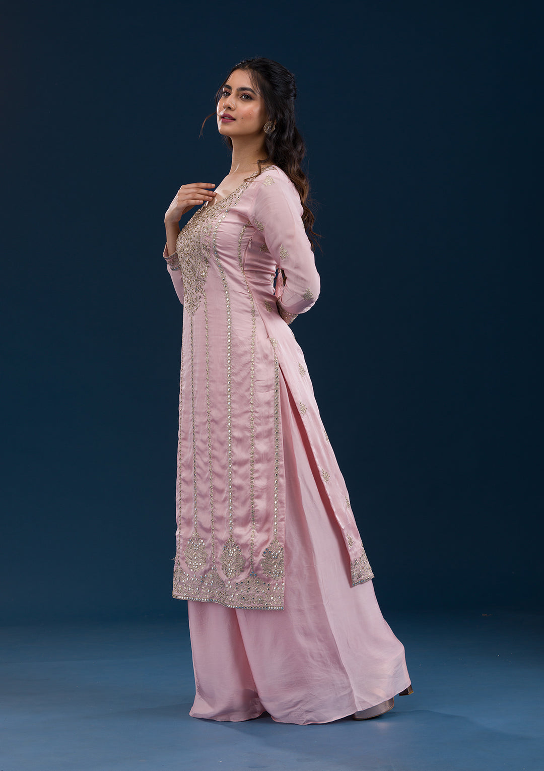 Baby Pink Zariwork Semi Crepe Readymade Salwar Suit
