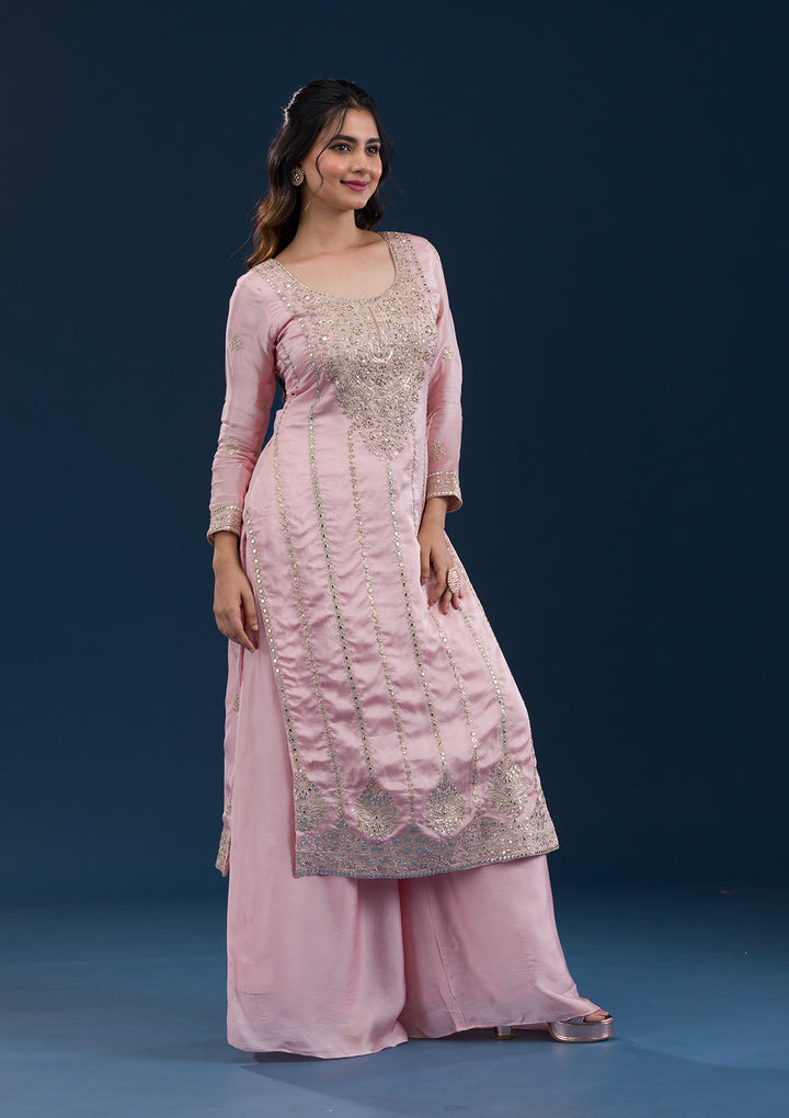 Baby Pink Zariwork Semi Crepe Readymade Salwar Suit