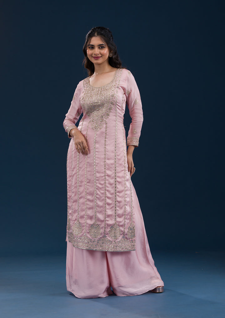 Baby Pink Zariwork Semi Crepe Readymade Salwar Suit