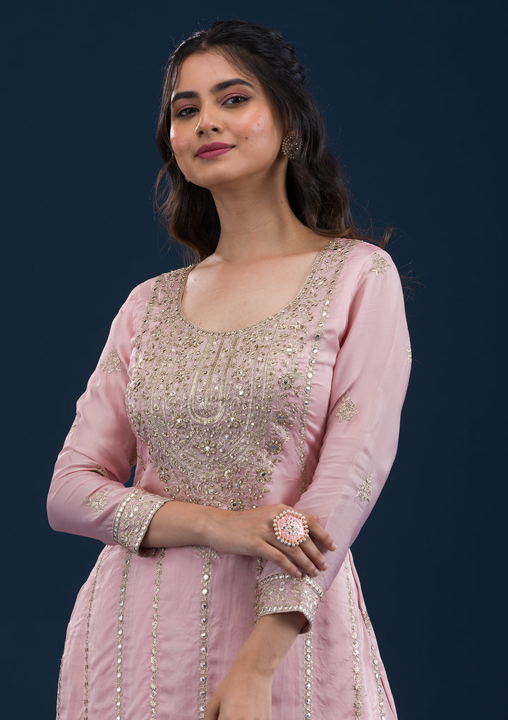 Baby Pink Zariwork Semi Crepe Readymade Salwar Suit
