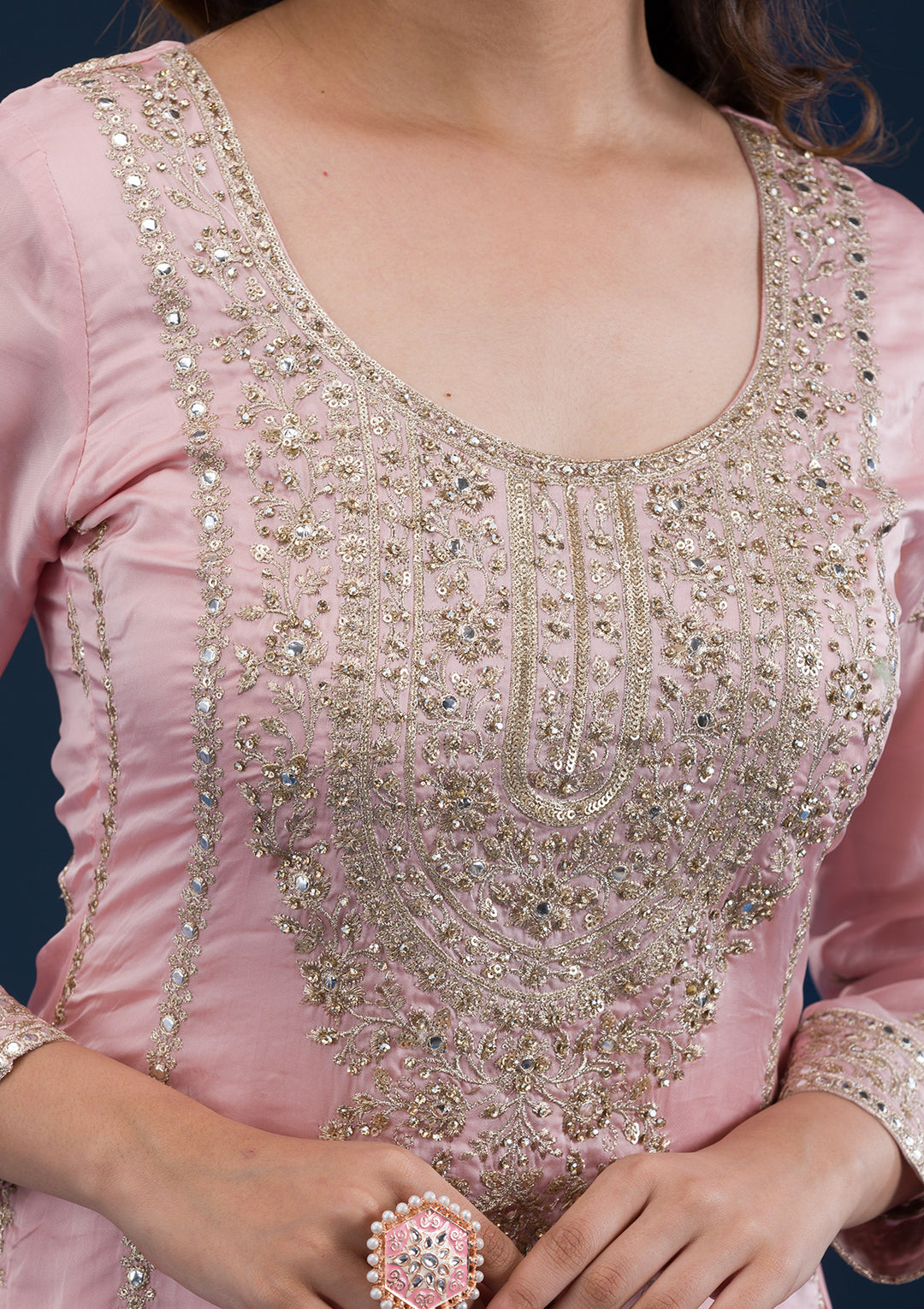 Baby Pink Zariwork Semi Crepe Readymade Salwar Suit