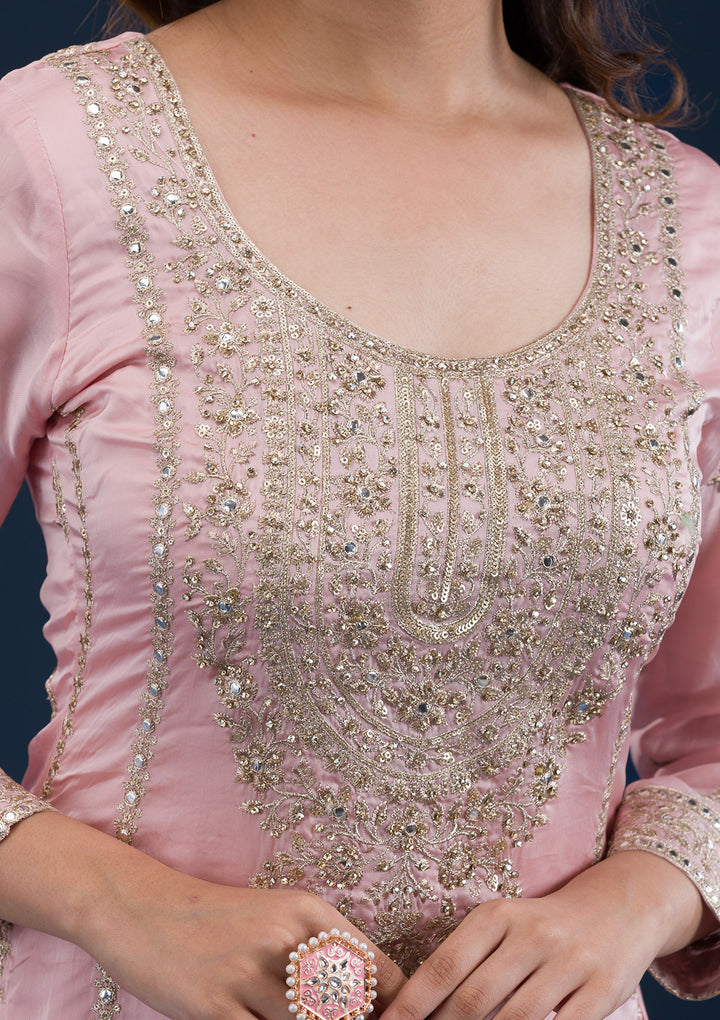 Baby Pink Zariwork Semi Crepe Readymade Salwar Suit