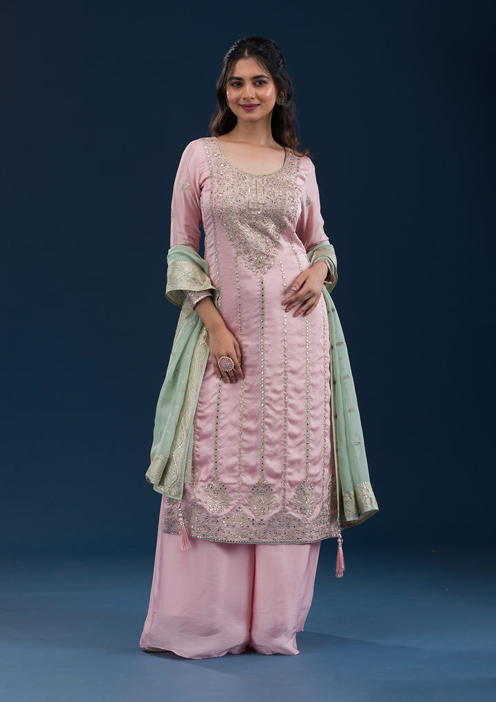 Baby Pink Zariwork Semi Crepe Readymade Salwar Suit