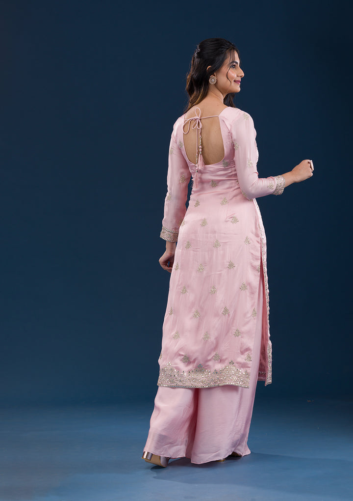 Baby Pink Zariwork Semi Crepe Readymade Salwar Suit