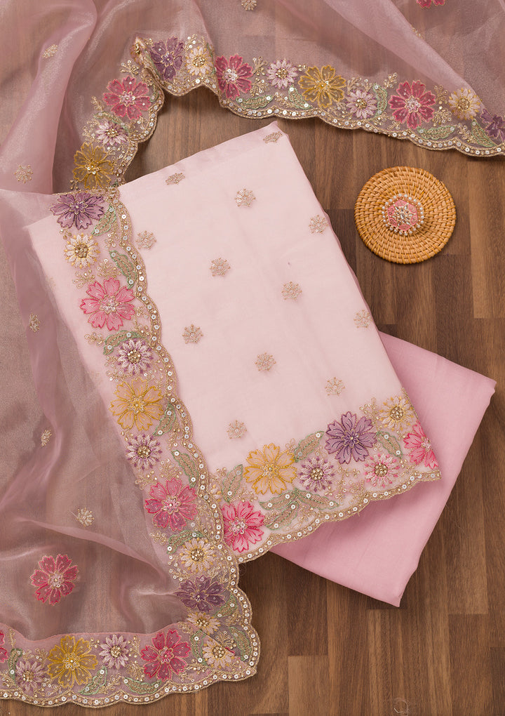 Baby Pink Zariwork Semi Crepe Unstitched Salwar Suit
