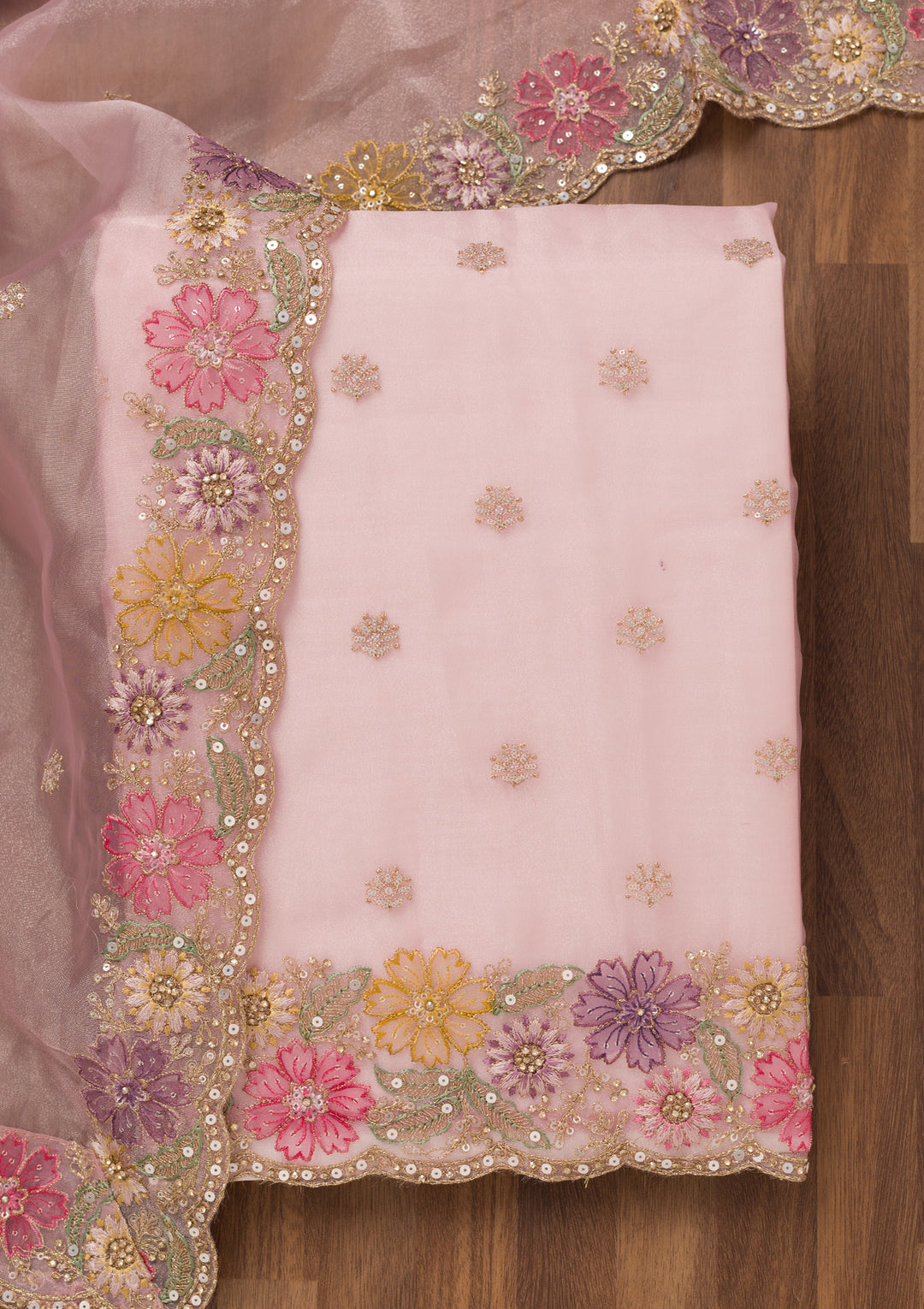Baby Pink Zariwork Semi Crepe Unstitched Salwar Suit