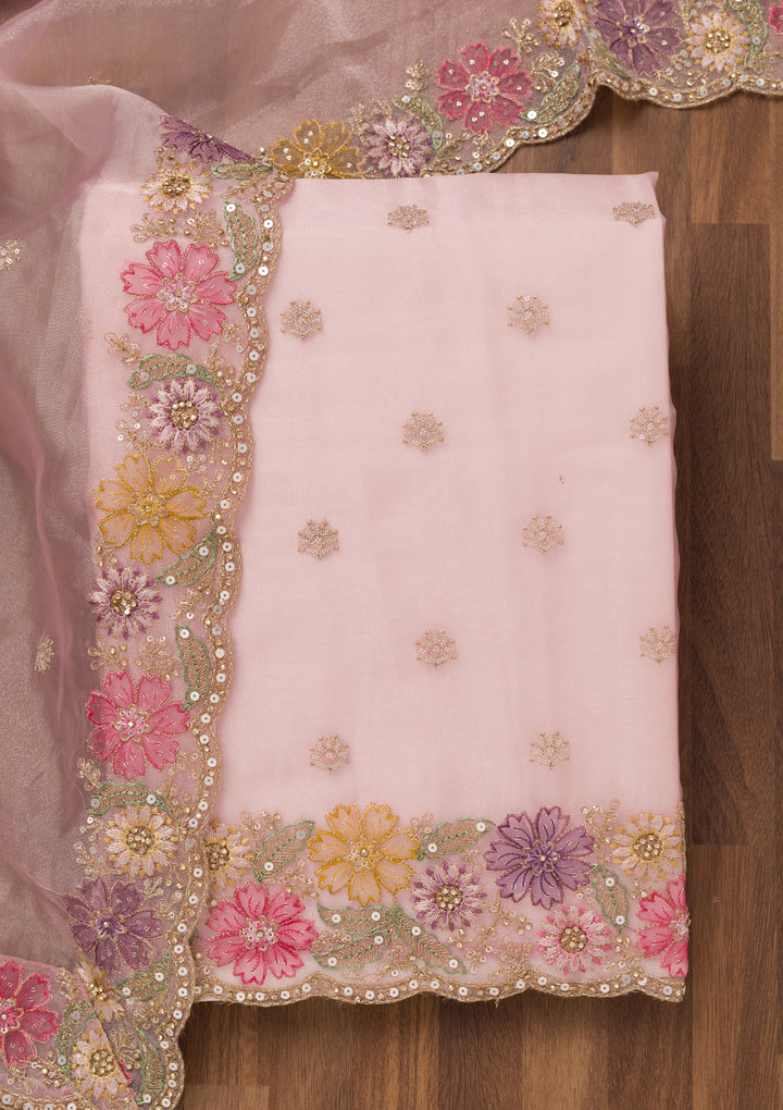 Baby Pink Zariwork Semi Crepe Unstitched Salwar Suit