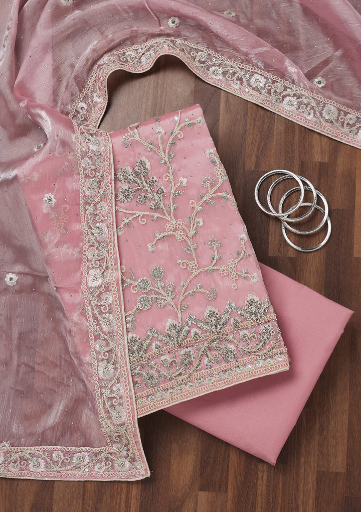 Baby Pink Zariwork Semi Crepe Unstitched Salwar Suit