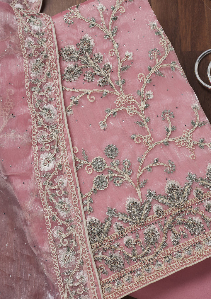 Baby Pink Zariwork Semi Crepe Unstitched Salwar Suit