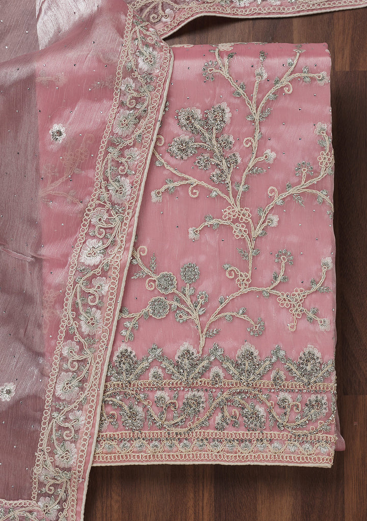 Baby Pink Zariwork Semi Crepe Unstitched Salwar Suit