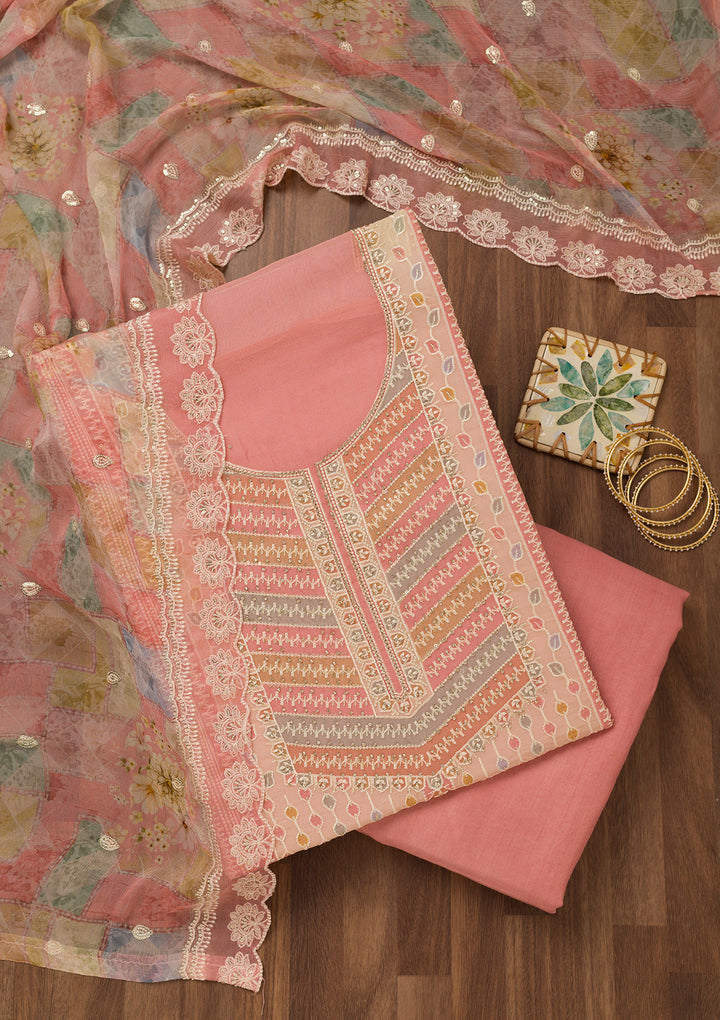 Baby Pink Zariwork Semi Crepe Unstitched Salwar Suit