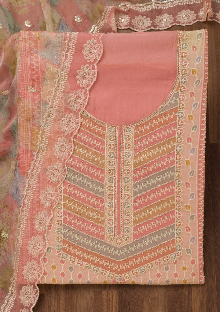 Baby Pink Zariwork Semi Crepe Unstitched Salwar Suit