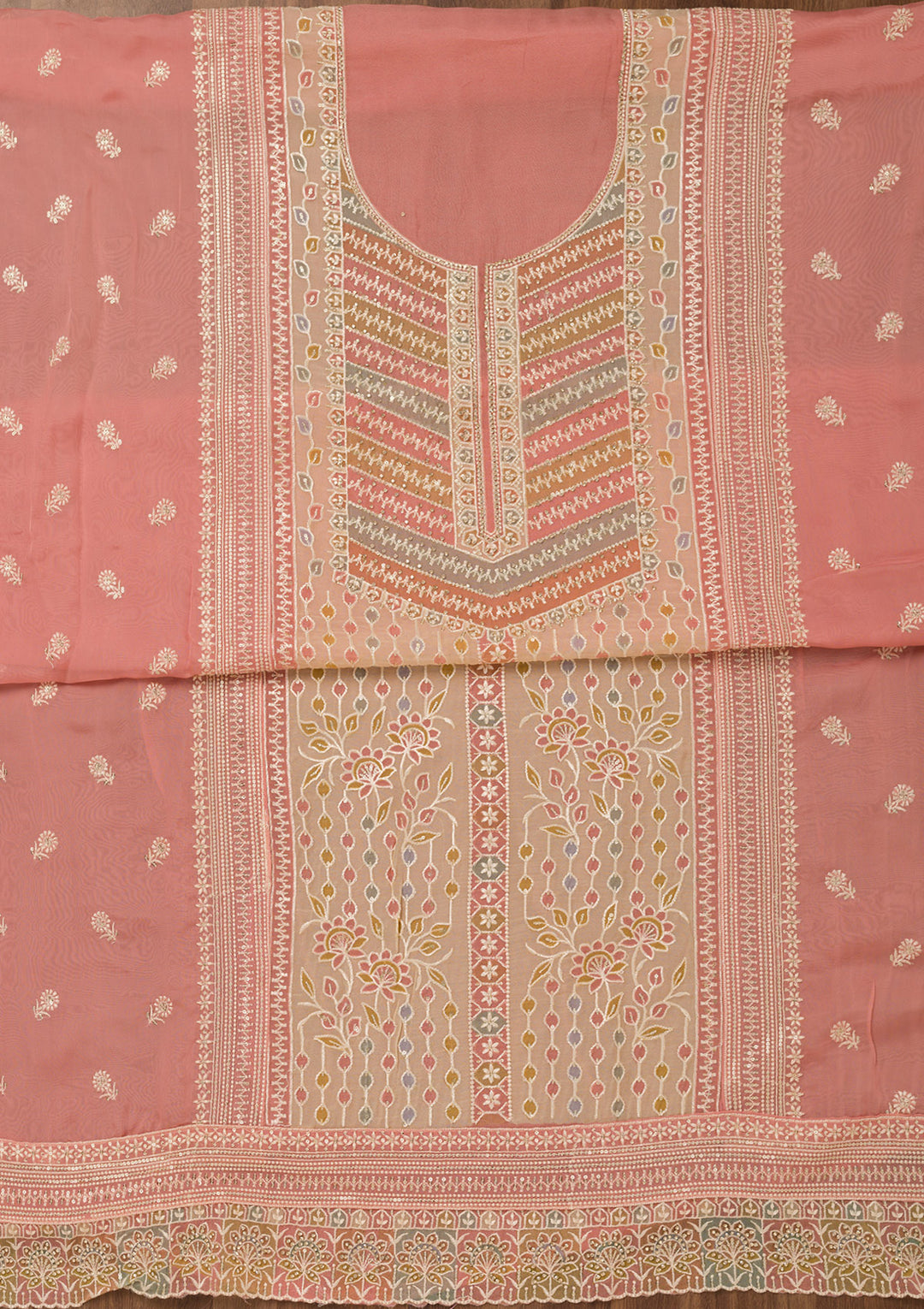 Baby Pink Zariwork Semi Crepe Unstitched Salwar Suit