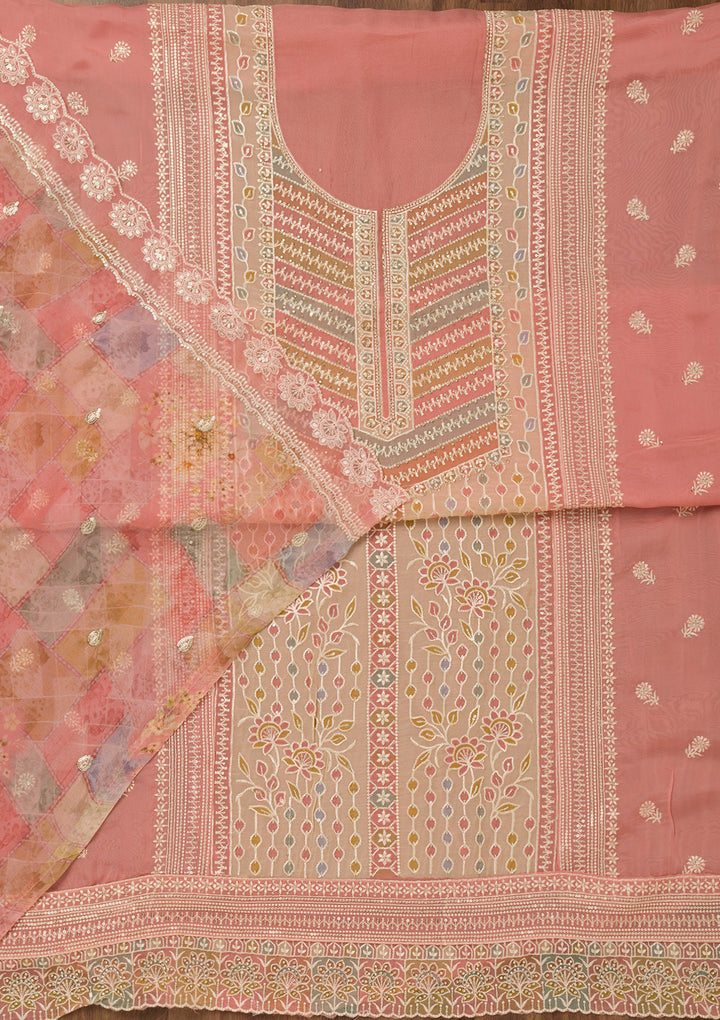 Baby Pink Zariwork Semi Crepe Unstitched Salwar Suit