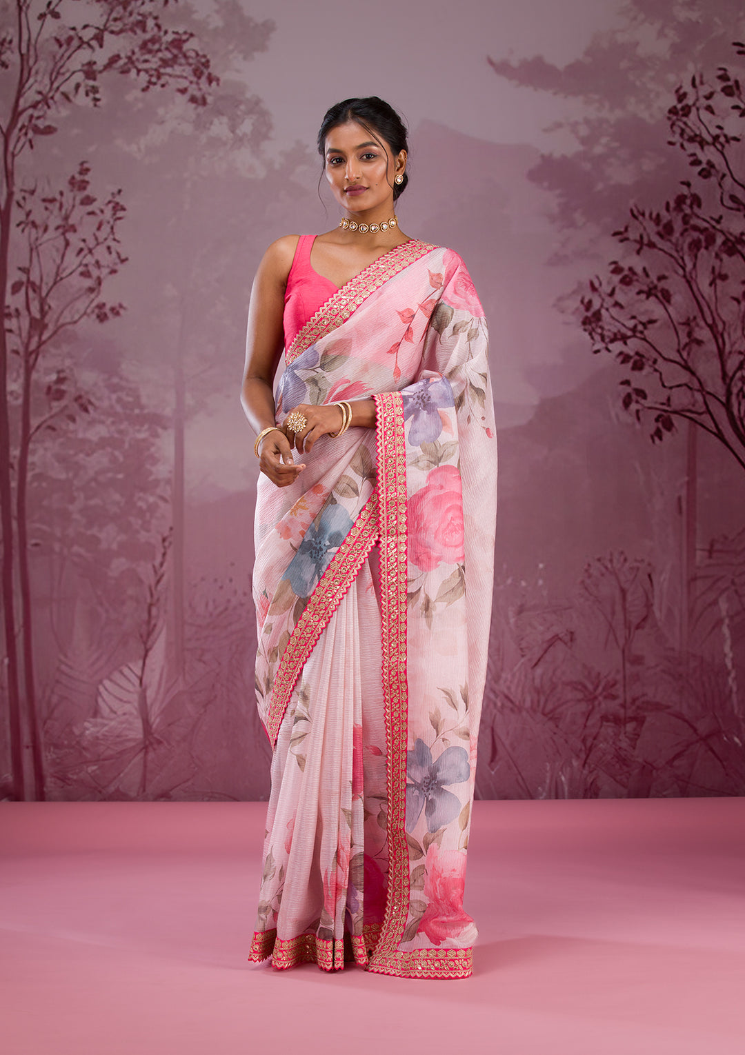 Cream Printed Georgette Saree