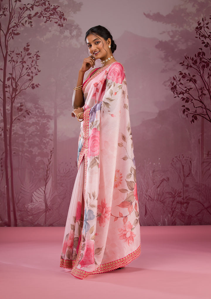 Cream Printed Georgette Saree