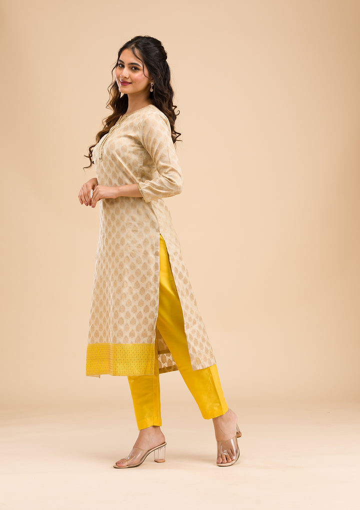 Beige Banarasi Cotton Readymade Salwar Suit