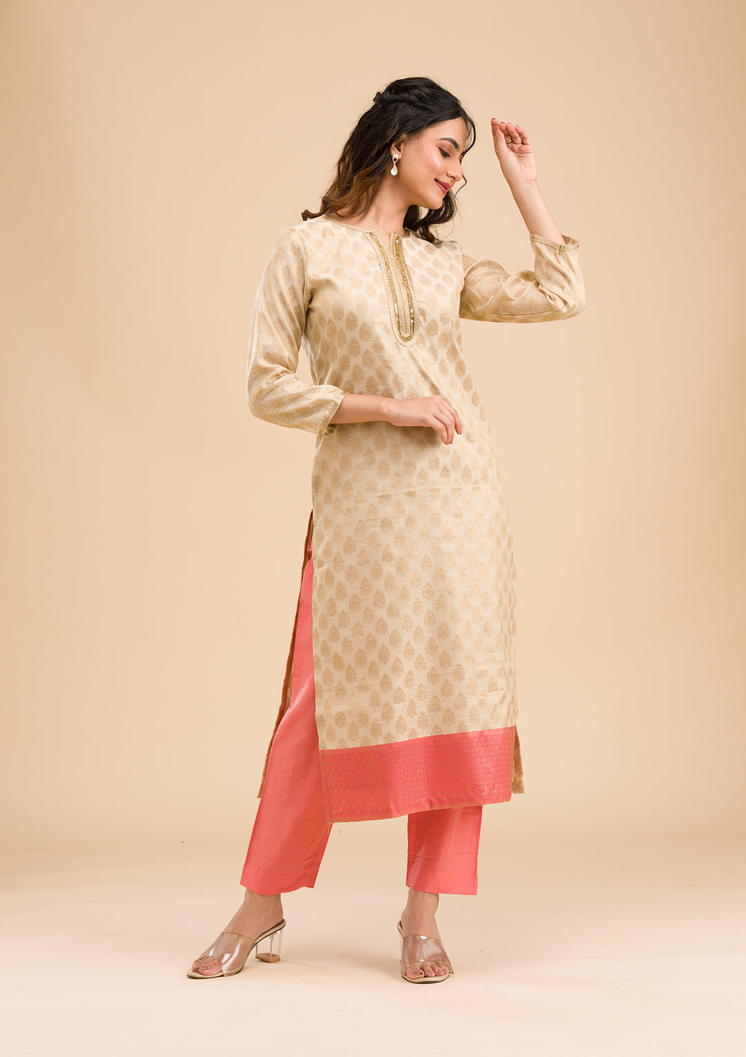 Pink Banarasi Cotton Readymade Salwar Suit