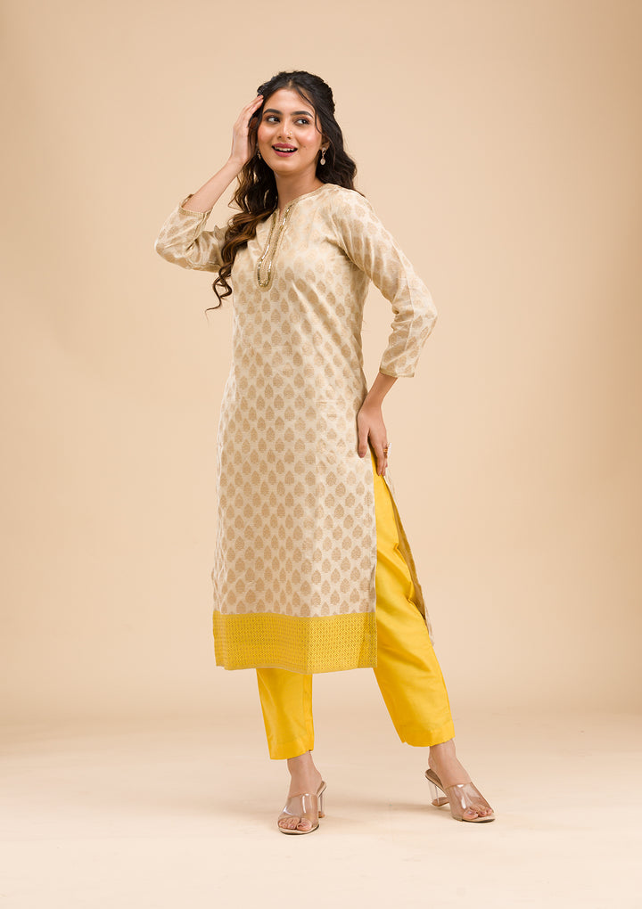 Beige Banarasi Cotton Readymade Salwar Suit