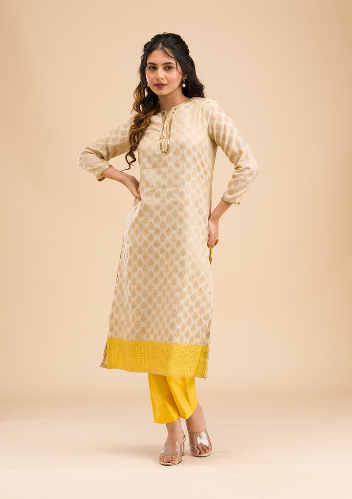 Beige Banarasi Cotton Readymade Salwar Suit