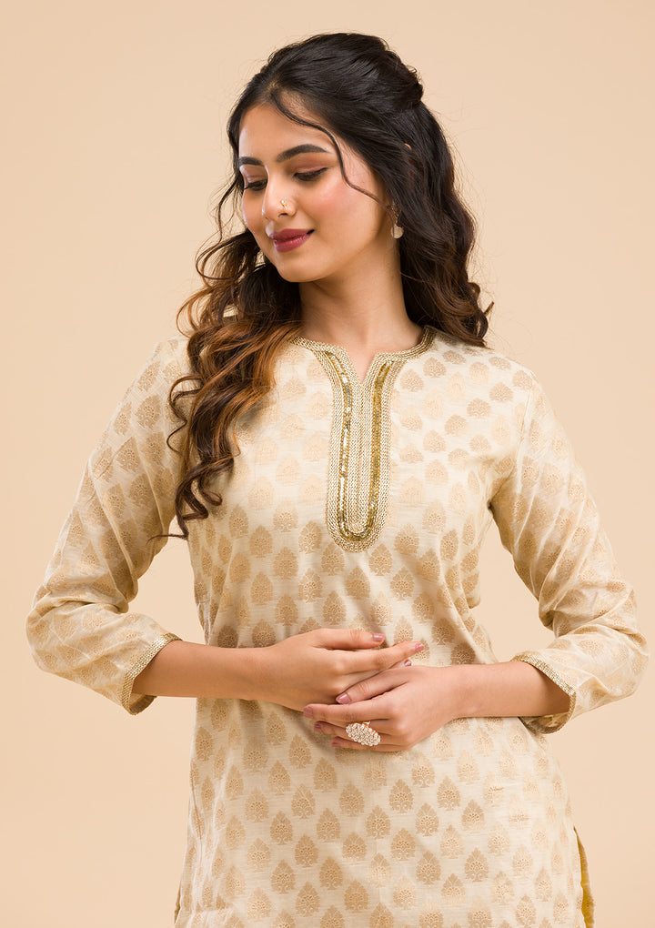 Beige Banarasi Cotton Readymade Salwar Suit