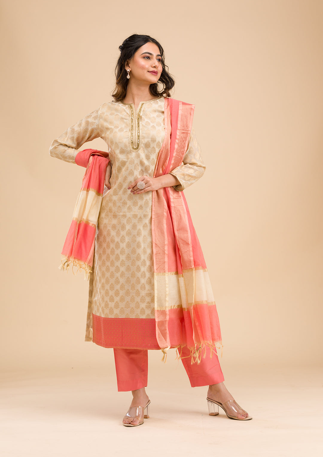 Pink Banarasi Cotton Readymade Salwar Suit