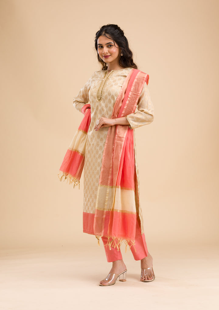 Pink Banarasi Cotton Readymade Salwar Suit