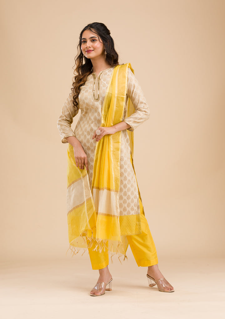 Beige Banarasi Cotton Readymade Salwar Suit