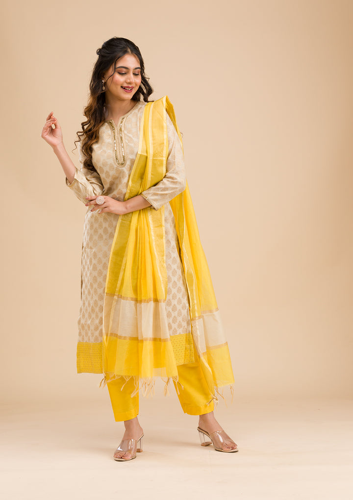 Beige Banarasi Cotton Readymade Salwar Suit