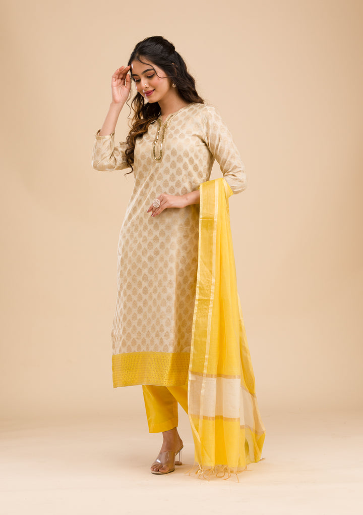 Beige Banarasi Cotton Readymade Salwar Suit