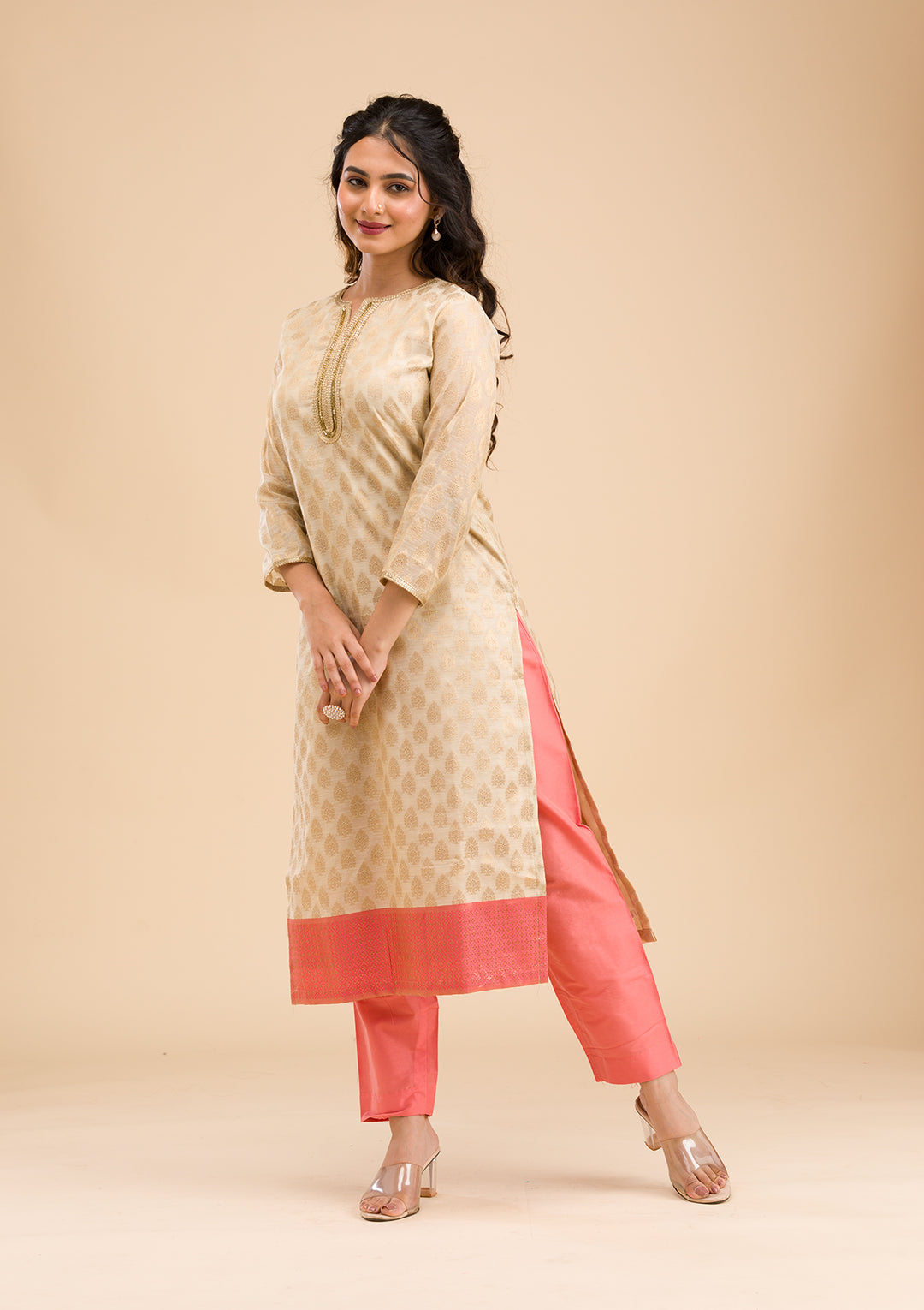 Pink Banarasi Cotton Readymade Salwar Suit