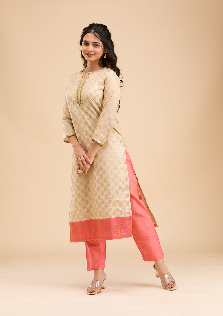 Pink Banarasi Cotton Readymade Salwar Suit